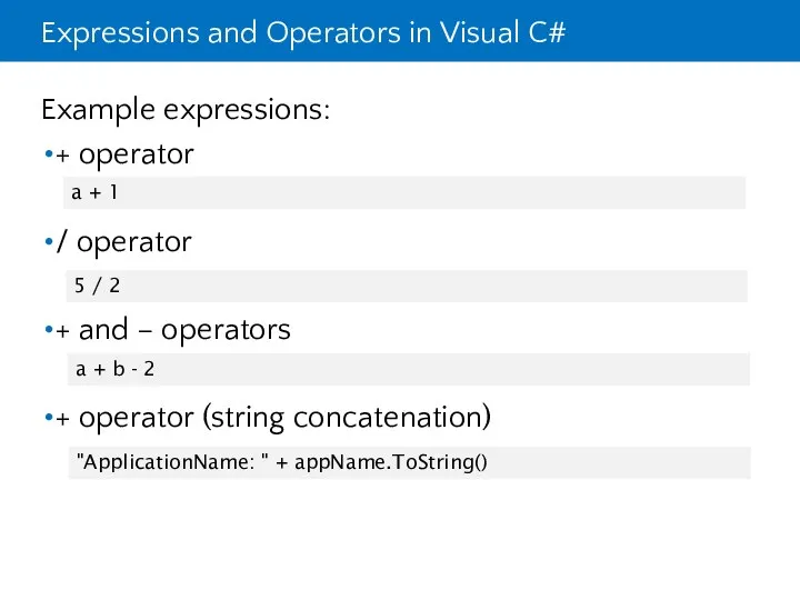 Expressions and Operators in Visual C# Example expressions: + operator /