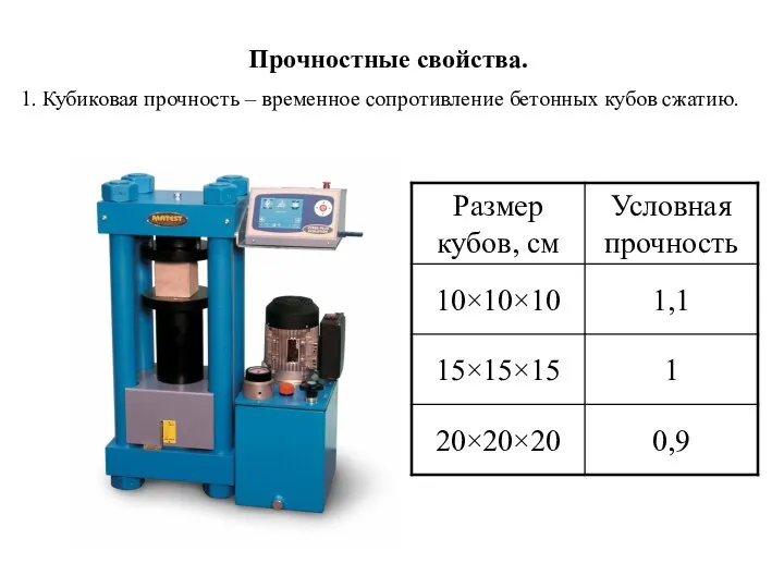 Прочностные свойства. 1. Кубиковая прочность – временное сопротивление бетонных кубов сжатию.