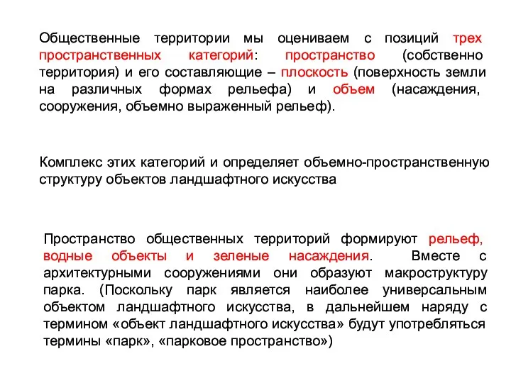 Общественные территории мы оцениваем с позиций трех пространственных категорий: пространство (собственно