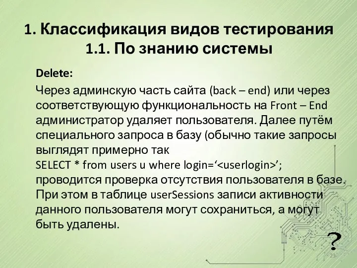 1. Классификация видов тестирования 1.1. По знанию системы Delete: Через админскую