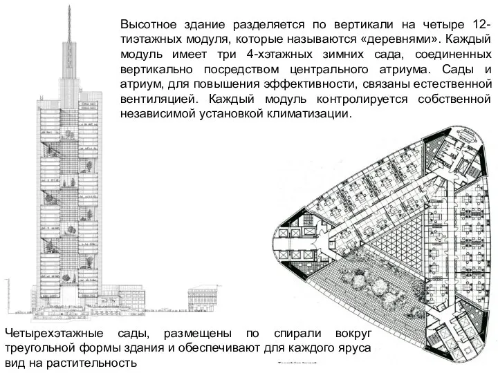 Высотное здание разделяется по вертикали на четыре 12-тиэтажных модуля, которые называются