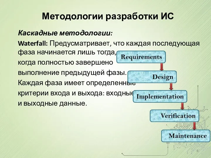 Методологии разработки ИС Каскадные методологии: Waterfall: Предусматривает, что каждая последующая фаза