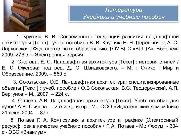 1. Кругляк, В. В. Современные тенденции развития ландшафтной архитектуры [Текст] :