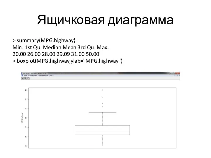 Ящичковая диаграмма > summary(MPG.highway} Min. 1st Qu. Median Mean 3rd Qu.