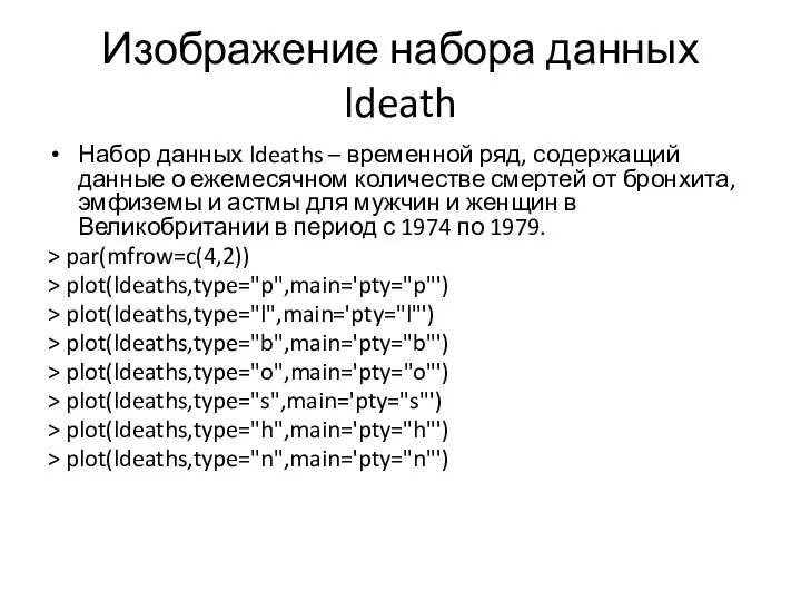 Изображение набора данных ldeath Набор данных ldeaths – временной ряд, содержащий