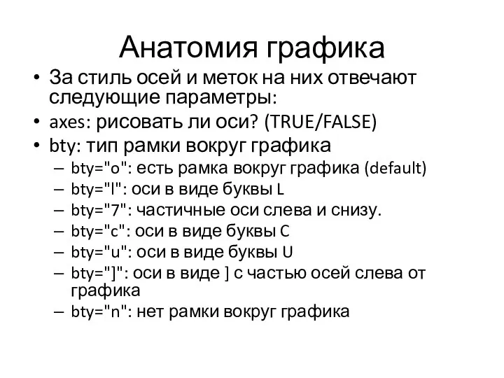 Анатомия графика За стиль осей и меток на них отвечают следующие