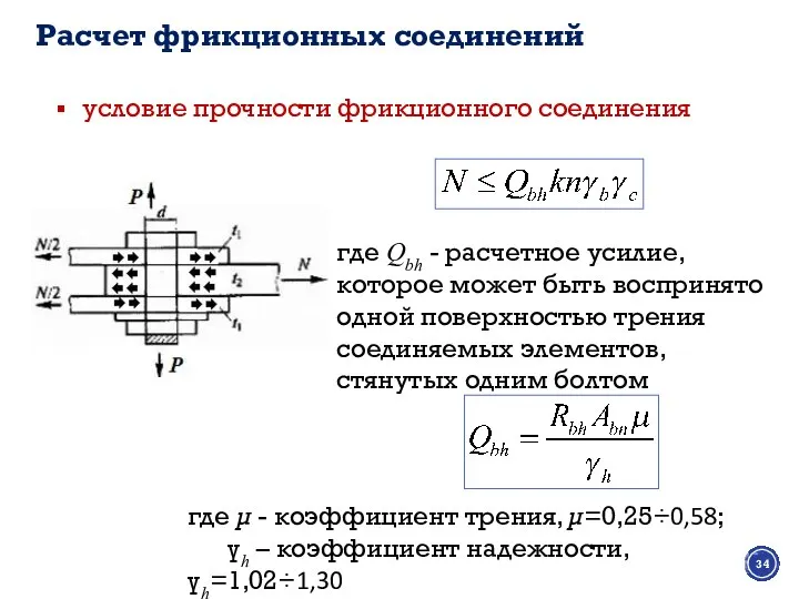 условие прочности фрикционного соединения где Qbh - расчетное усилие, которое может