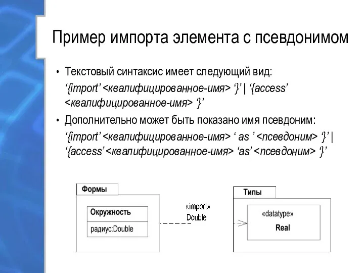 Пример импорта элемента с псевдонимом Текстовый синтаксис имеет следующий вид: ‘{import’