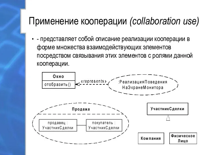 Применение кооперации (collaboration use) - представляет собой описание реализации кооперации в