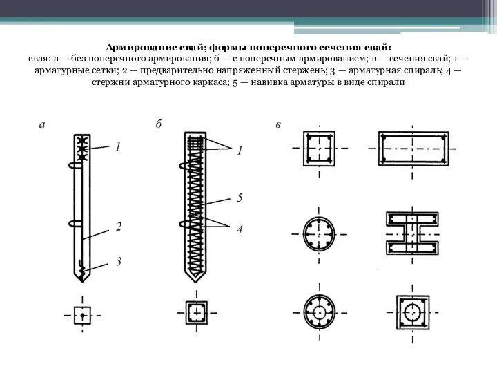 Армирование свай; формы поперечного сечения свай: свая: а — без поперечного