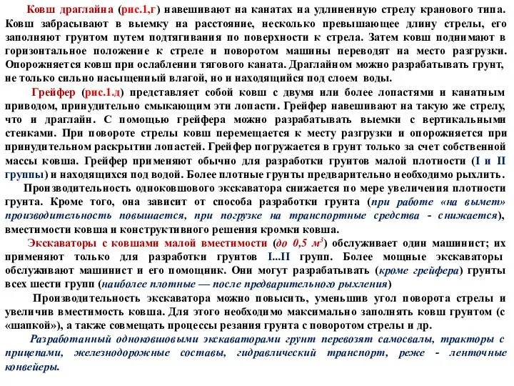 Ковш драглайна (рис.1,г) навешивают на канатах на удлиненную стрелу кранового типа.