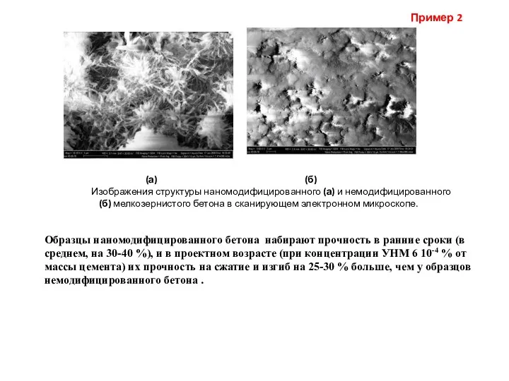 (а) (б) Изображения структуры наномодифицированного (а) и немодифицированного (б) мелкозернистого бетона