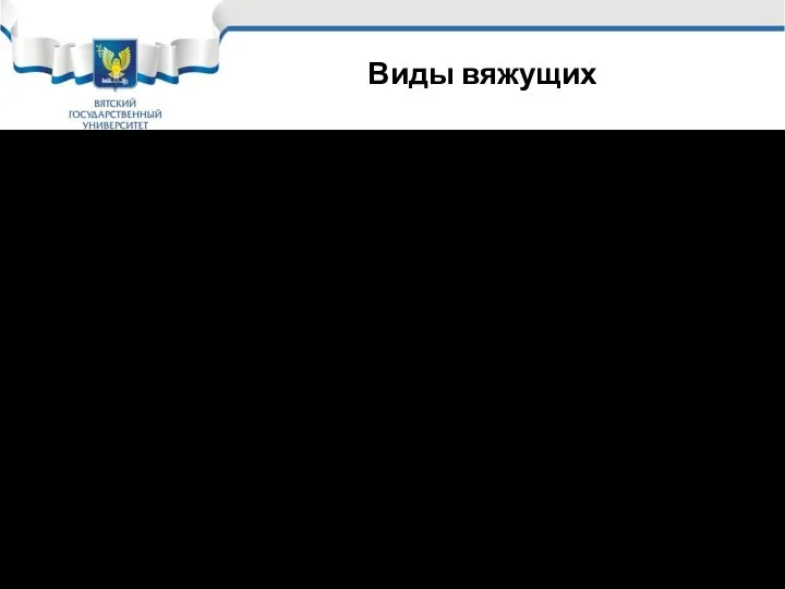 Виды вяжущих Неорганические вяжущие вещества делятся на следующие группы: Воздушные вяжущие