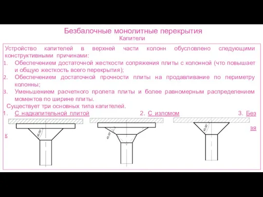 Безбалочные монолитные перекрытия Капители Устройство капителей в верхней части колонн обусловлено