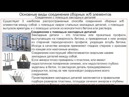 Основные виды соединения сборных ж/б элементов Соединения с помощью закладных деталей