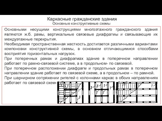 Каркасные гражданские здания Основные конструктивные схемы Основными несущими конструкциями многоэтажного гражданского