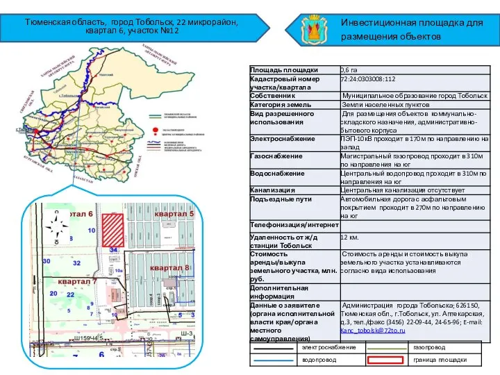 Тюменская область, город Тобольск, 22 микрорайон, квартал 6, участок №12 Инвестиционная площадка для размещения объектов