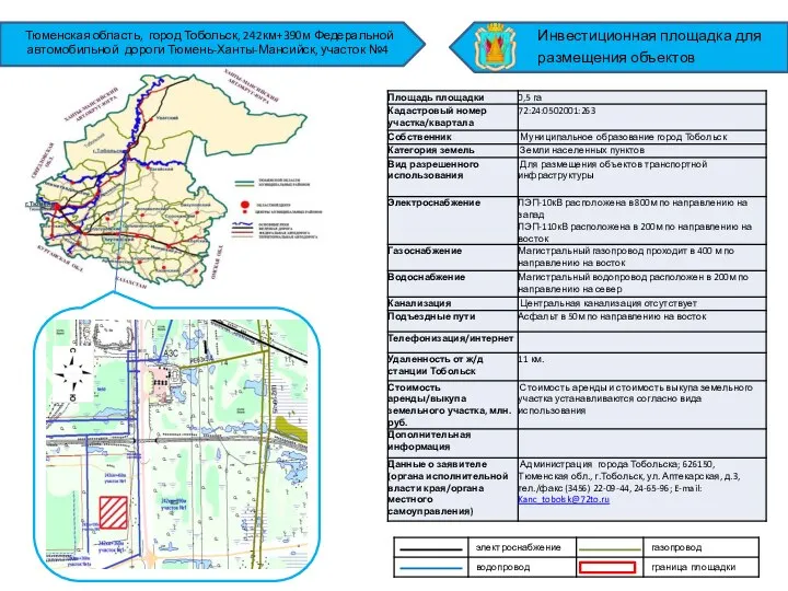 Тюменская область, город Тобольск, 242км+390м Федеральной автомобильной дороги Тюмень-Ханты-Мансийск, участок №4 Инвестиционная площадка для размещения объектов