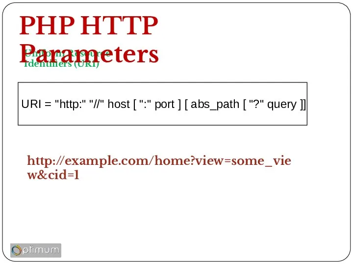 Uniform Resource Identifiers (URI) PHP HTTP Parameters URI = "http:" "//"