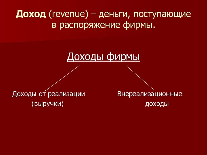 Доход (revenue) – деньги, поступающие в распоряжение фирмы. Доходы фирмы Доходы от реализации Внереализационные (выручки) доходы