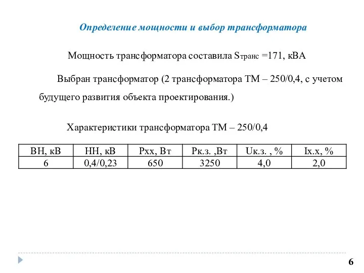 6 Определение мощности и выбор трансформатора Мощность трансформатора составила Sтранс =171,