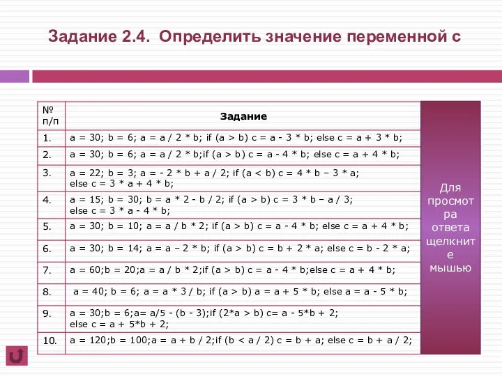 Задание 2.4. Определить значение переменной с Для просмотра ответа щелкните мышью