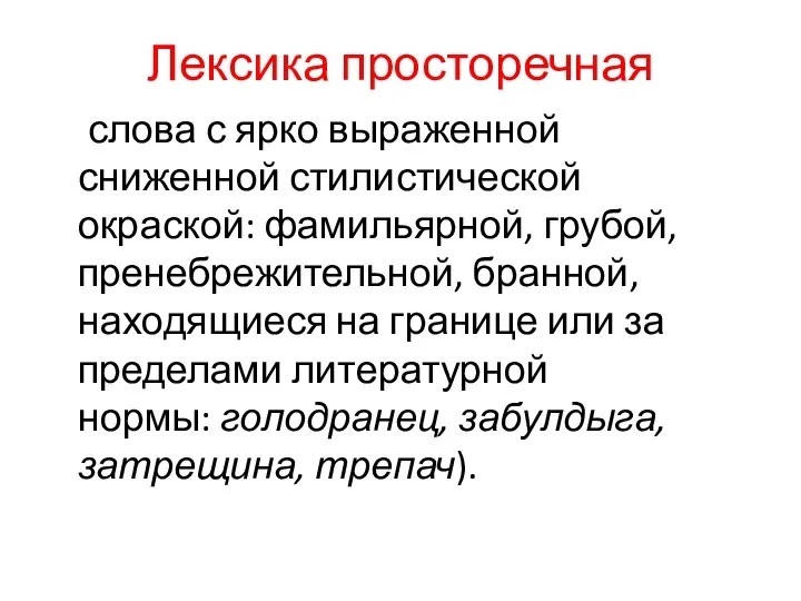 Лексика просторечная слова с ярко выраженной сниженной стилистической окраской: фамильярной, грубой,