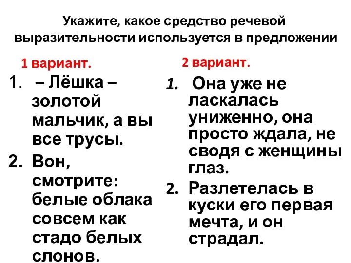 Укажите, какое средство речевой выразительности используется в предложении 1 вариант. –