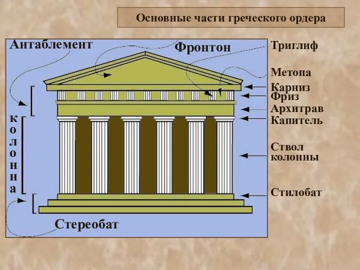 Стереобат колонна Антаблемент Фронтон Стилобат Ствол колонны Капитель Архитрав Фриз Карниз