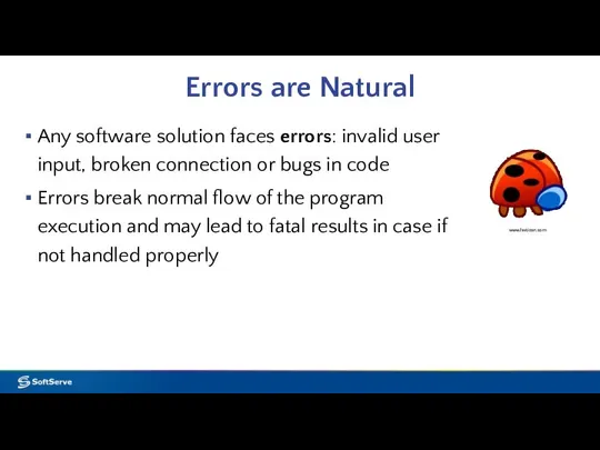 Errors are Natural Any software solution faces errors: invalid user input,
