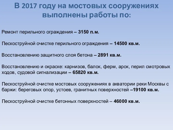 В 2017 году на мостовых сооружениях выполнены работы по: Ремонт перильного