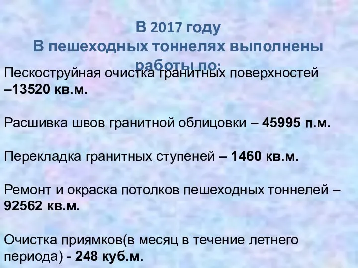 В 2017 году В пешеходных тоннелях выполнены работы по: Пескоструйная очистка