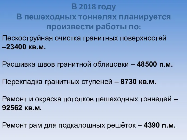 В 2018 году В пешеходных тоннелях планируется произвести работы по: Пескоструйная