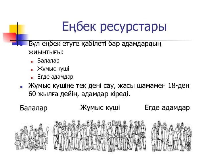 Еңбек ресурстары Бұл еңбек етуге қабілеті бар адамдардың жиынтығы: Балалар Жұмыс