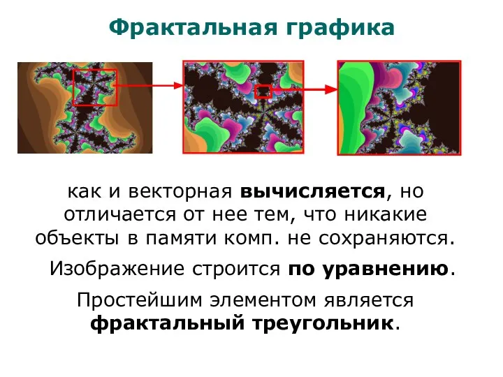 Фрактальная графика как и векторная вычисляется, но отличается от нее тем,