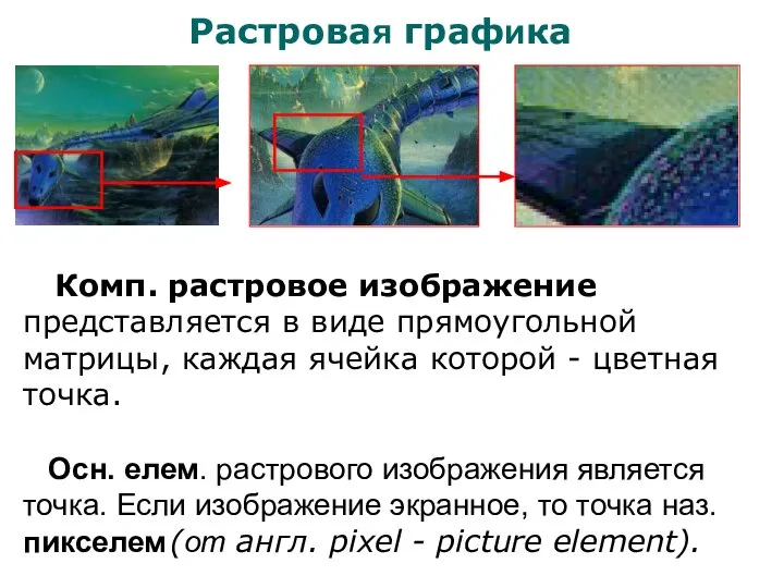 Растровая графика Комп. растровое изображение представляется в виде прямоугольной матрицы, каждая