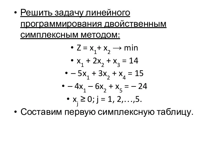 Решить задачу линейного программирования двойственным симплексным методом: Z = x1+ x2