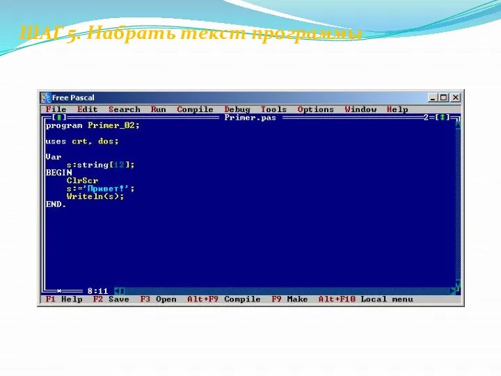 ШАГ 5. Набрать текст программы