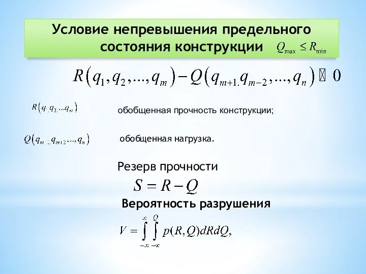 Условие непревышения предельного состояния конструкции обобщенная прочность конструкции; обобщенная нагрузка. Вероятность разрушения Резерв прочности