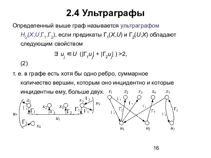 2.4 Ультраграфы Определенный выше граф называется ультраграфом HU(X,U,Г1,Г2), если предикаты Г1(X,U)