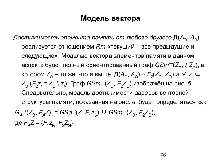 Модель вектора Достижимость элемента памяти от любого другого Д(AЭ, AЭ) реализуется