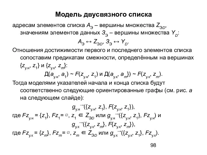 Модель двусвязного списка адресам элементов списка AЭ – вершины множества ZЭD,