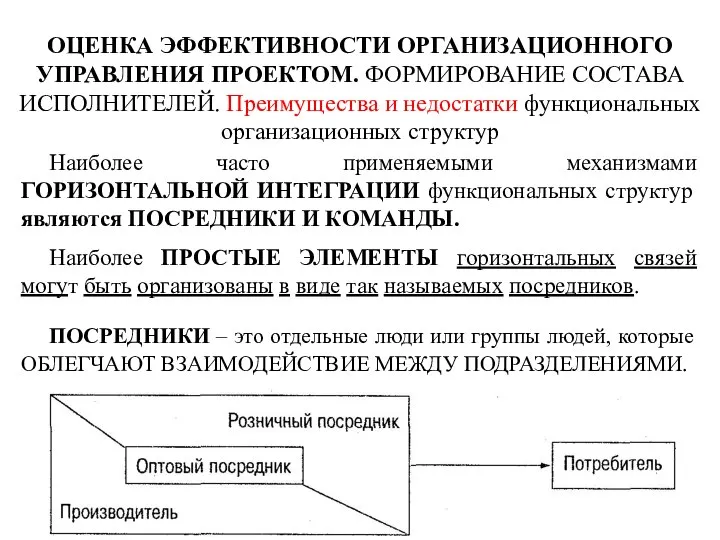 Наиболее часто применяемыми механизмами ГОРИЗОНТАЛЬНОЙ ИНТЕГРАЦИИ функциональных структур являются ПОСРЕДНИКИ И