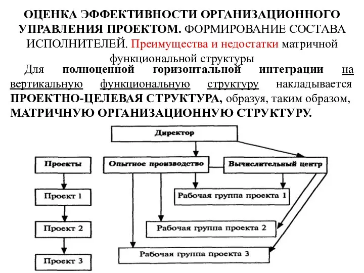 Для полноценной горизонтальной интеграции на вертикальную функциональную структуру накладывается ПРОЕКТНО-ЦЕЛЕВАЯ СТРУКТУРА,