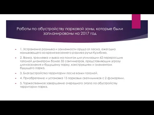 Работы по обустройству парковой зоны, которые были запланированы на 2017 год