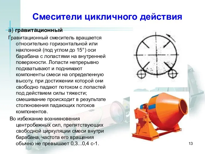 Смесители цикличного действия а) гравитационный Гравитационный смеситель вращается относительно горизонтальной или