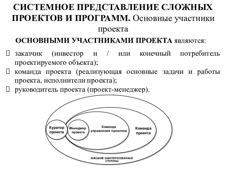 ОСНОВНЫМИ УЧАСТНИКАМИ ПРОЕКТА являются: заказчик (инвестор и / или конечный потребитель