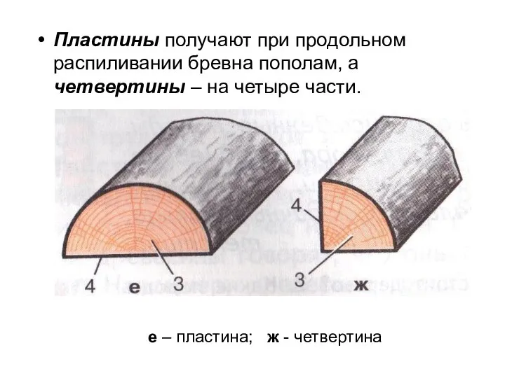 Пластины получают при продольном распиливании бревна пополам, а четвертины – на