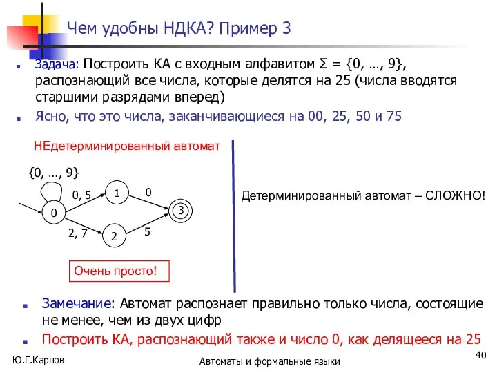 Ю.Г.Карпов Автоматы и формальные языки Чем удобны НДКА? Пример 3 Задача: