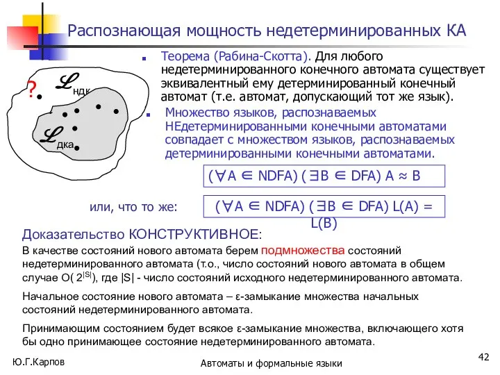 Ю.Г.Карпов Автоматы и формальные языки Распознающая мощность недетерминированных КА Теорема (Рабина-Скотта).